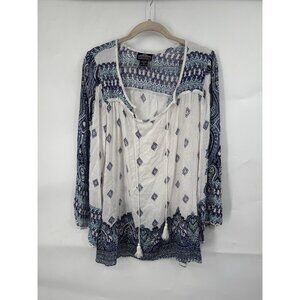 Angie Bohemian Paisley Retro Blouse Women Large White Blue Art To‎ Wear Artsy